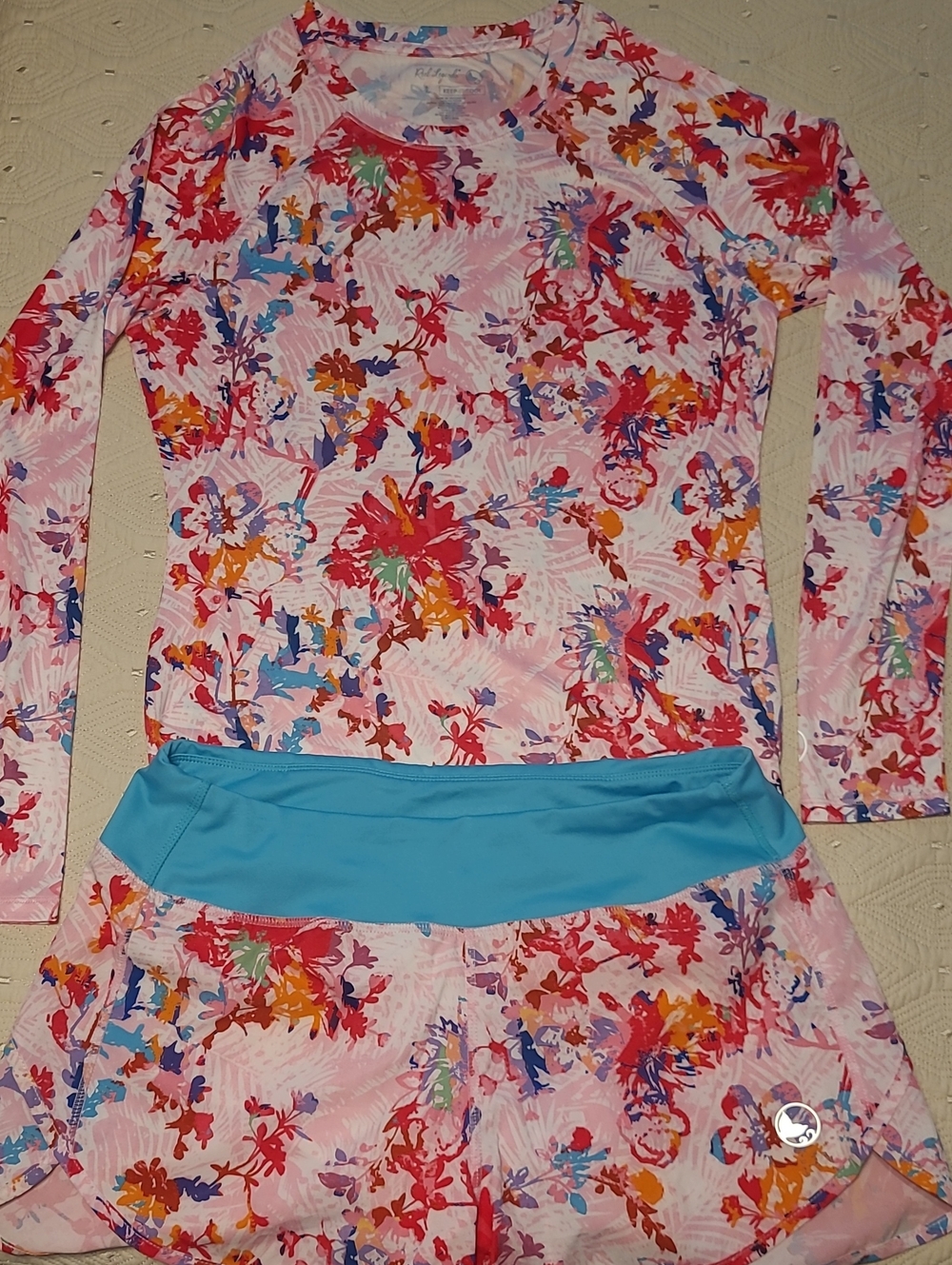 Reel Legends Pink Floral Rash Guard Set with Red and Purple Accents Size L